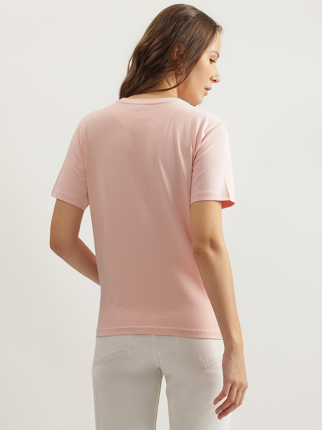 Elle Women Pink Solid Round Neck Short Sleeves Tshirt