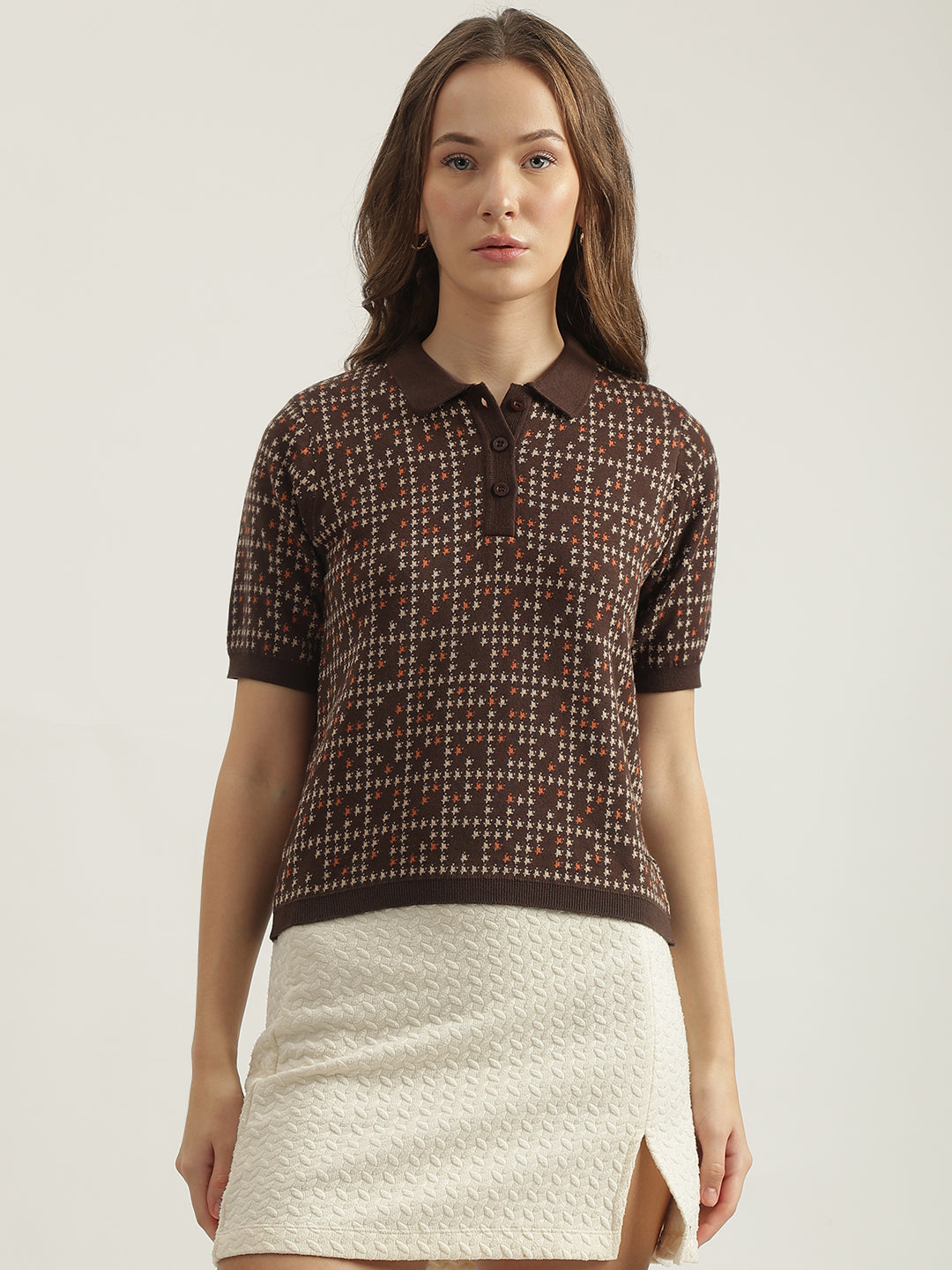 Elle Women Brown Printed Polo Collar Short Sleeves Tshirt