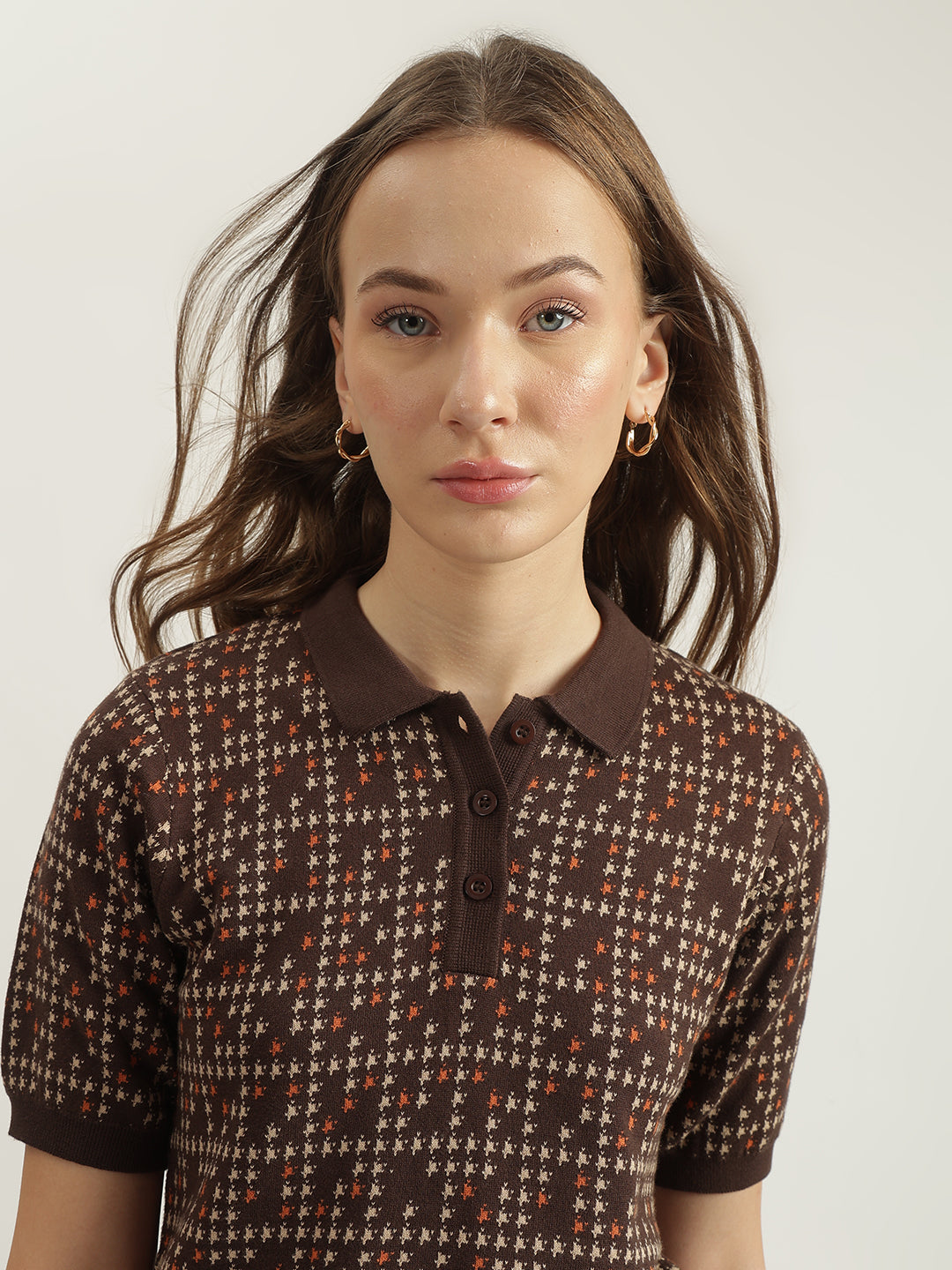 Elle Women Brown Printed Polo Collar Short Sleeves Tshirt