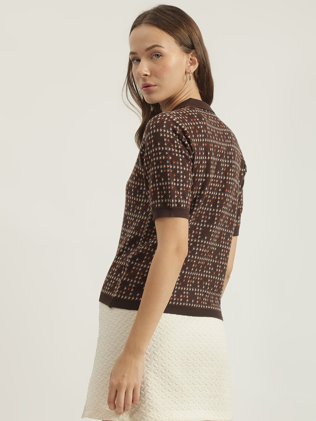 Elle Women Brown Printed Polo Collar Short Sleeves Tshirt