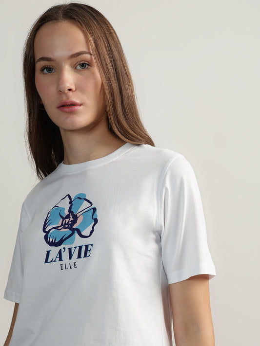 Elle Women Off White Printed Round Neck Short Sleeves Tshirt