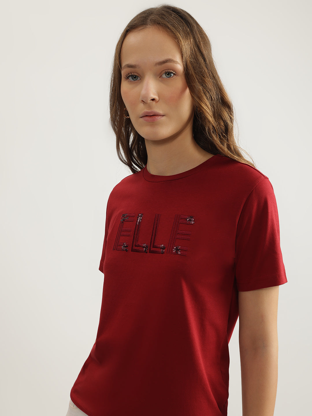 Elle Women Red Solid Round Neck Short Sleeves Tshirt