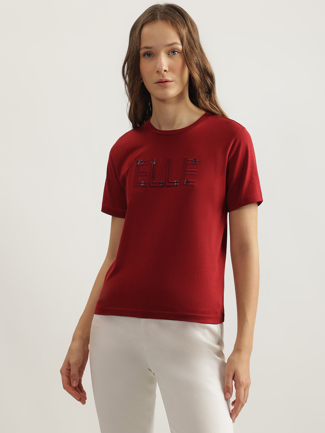 Elle Women Red Solid Round Neck Short Sleeves Tshirt