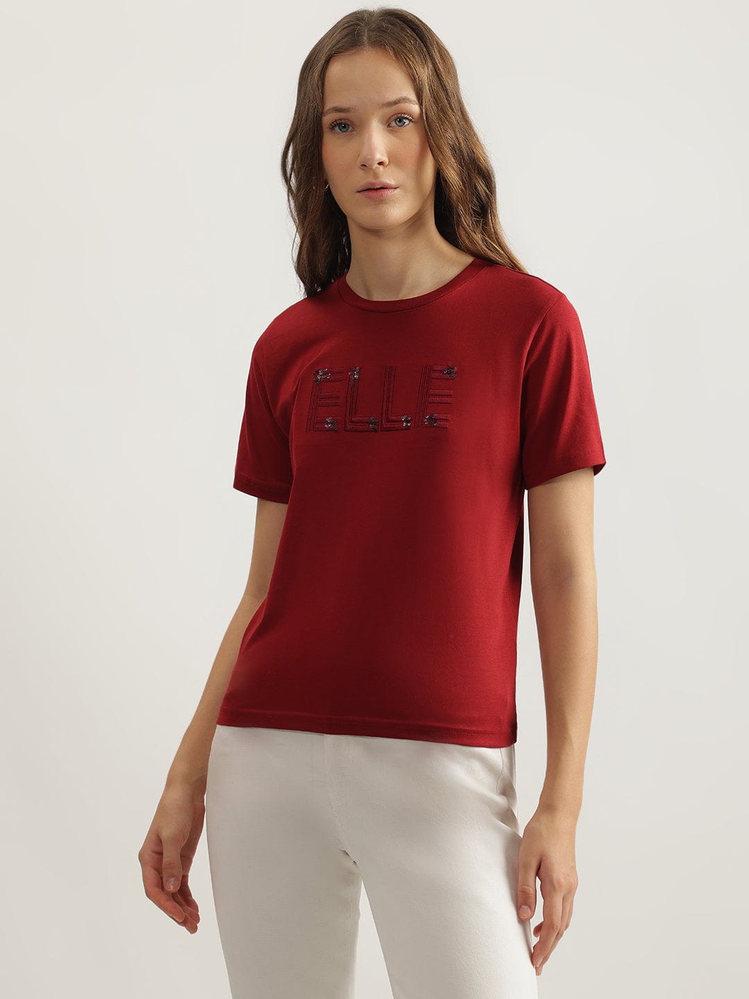 Elle Women Red Solid Crew Neck Tshirt