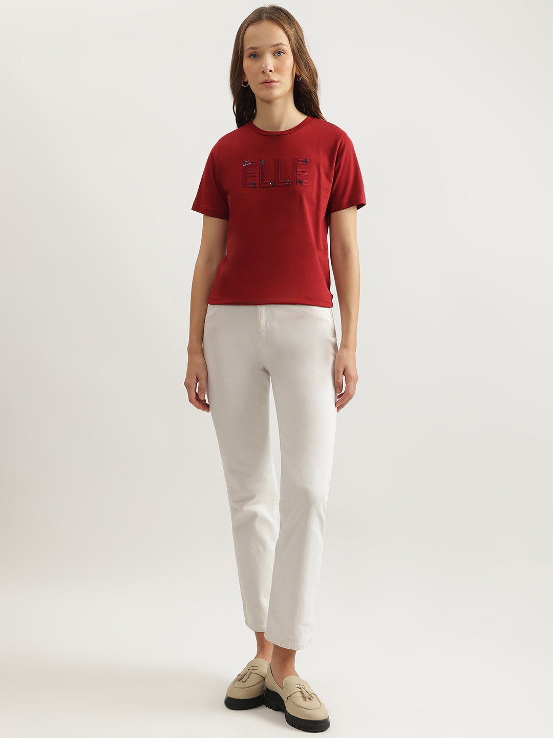 Elle Women Red Solid Round Neck Short Sleeves Tshirt