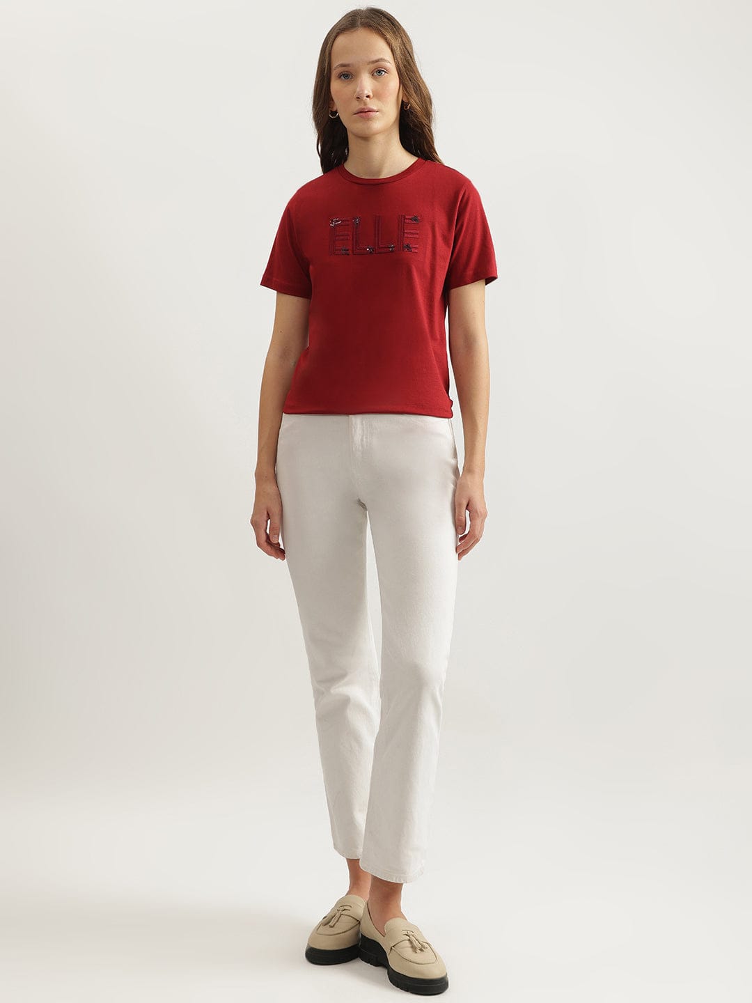 Elle Women Red Solid Crew Neck Tshirt
