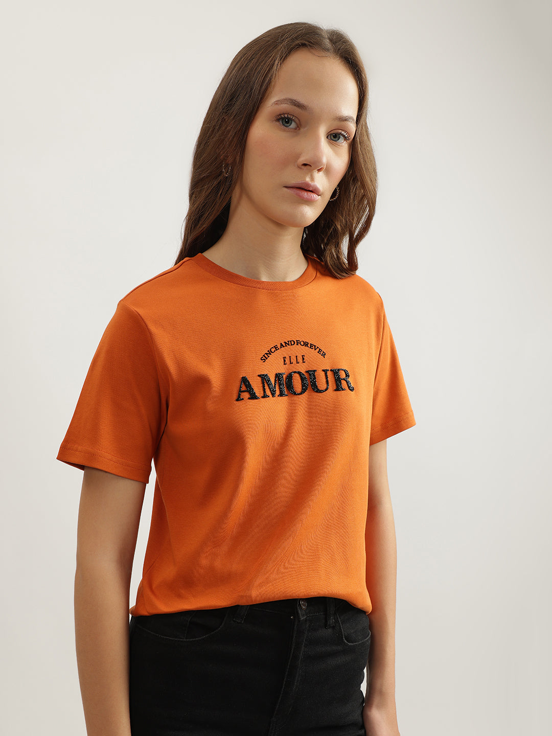 Elle Women Rust Solid Round Neck Short Sleeves Tshirt