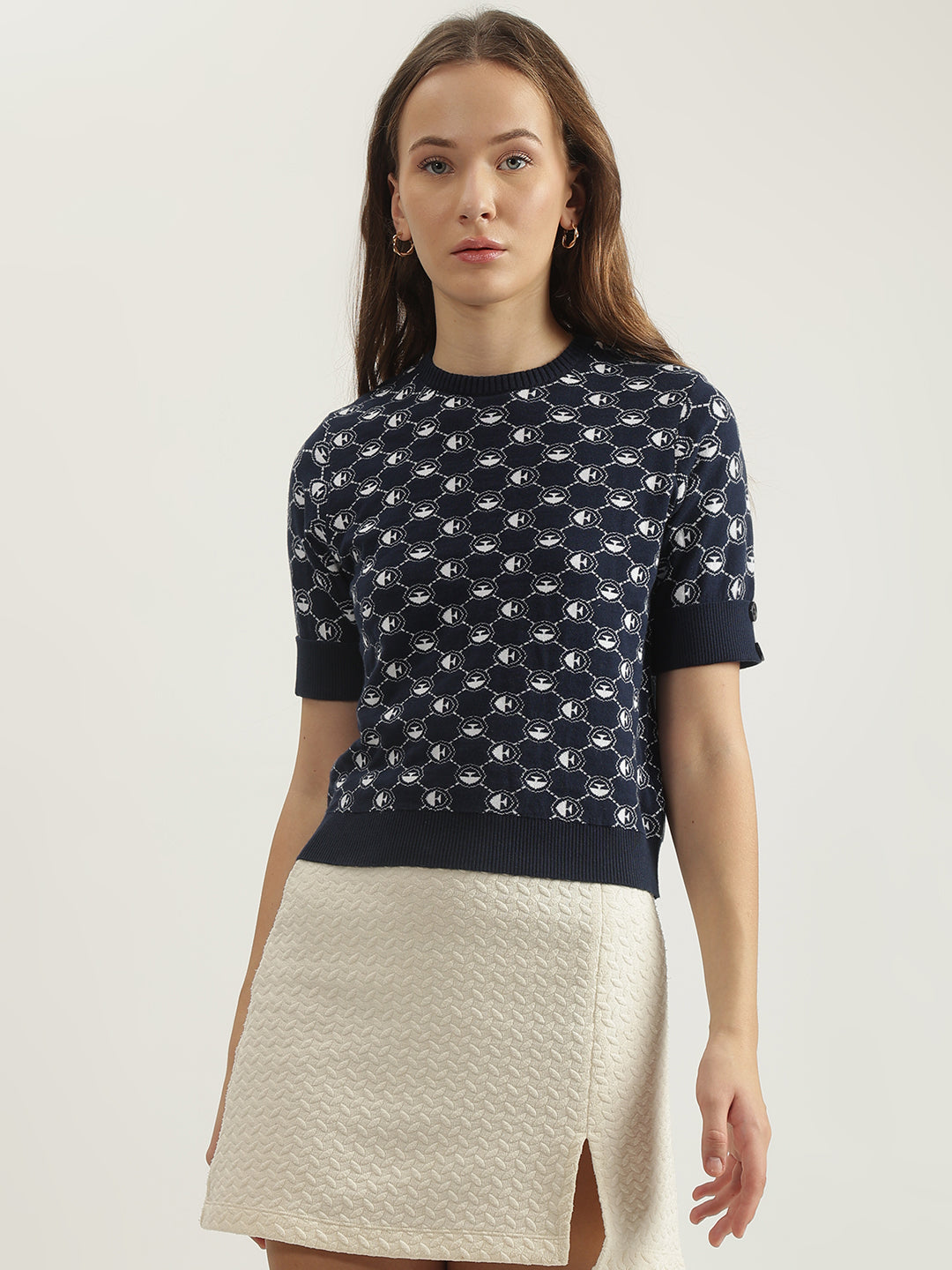 Elle Women Navy Blue Printed Round Neck Short Sleeves Tshirt