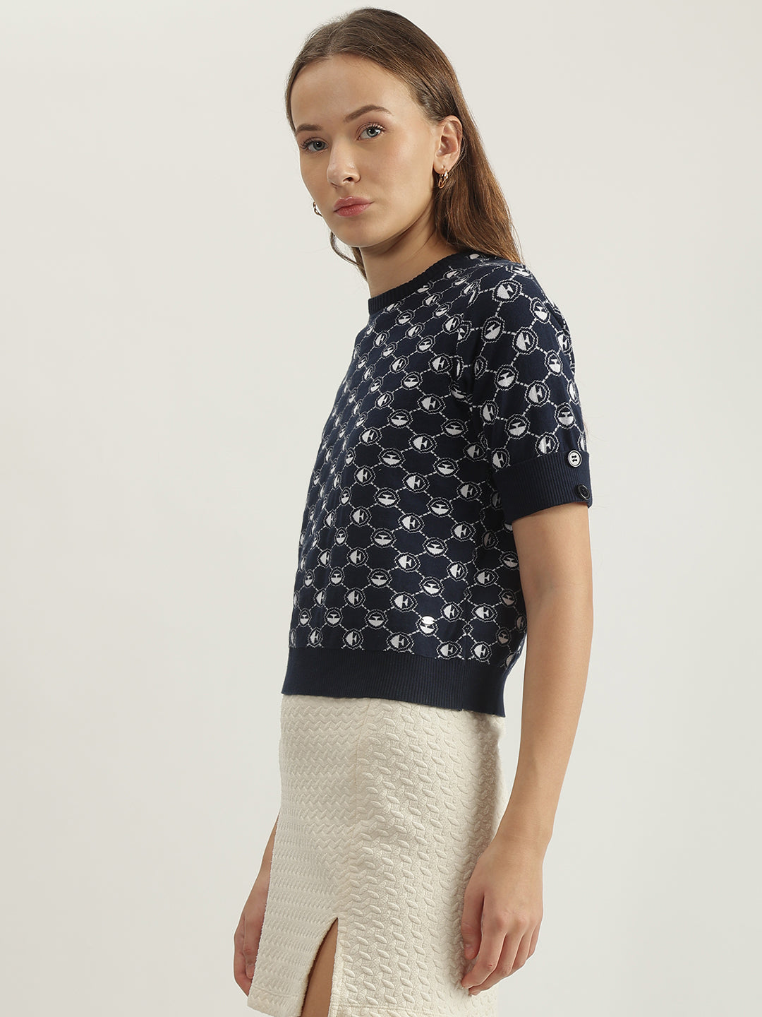 Elle Women Navy Blue Printed Round Neck Short Sleeves Tshirt