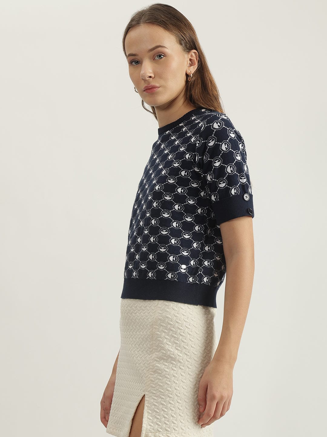 Elle Women Blue Printed Crew Neck Tshirt