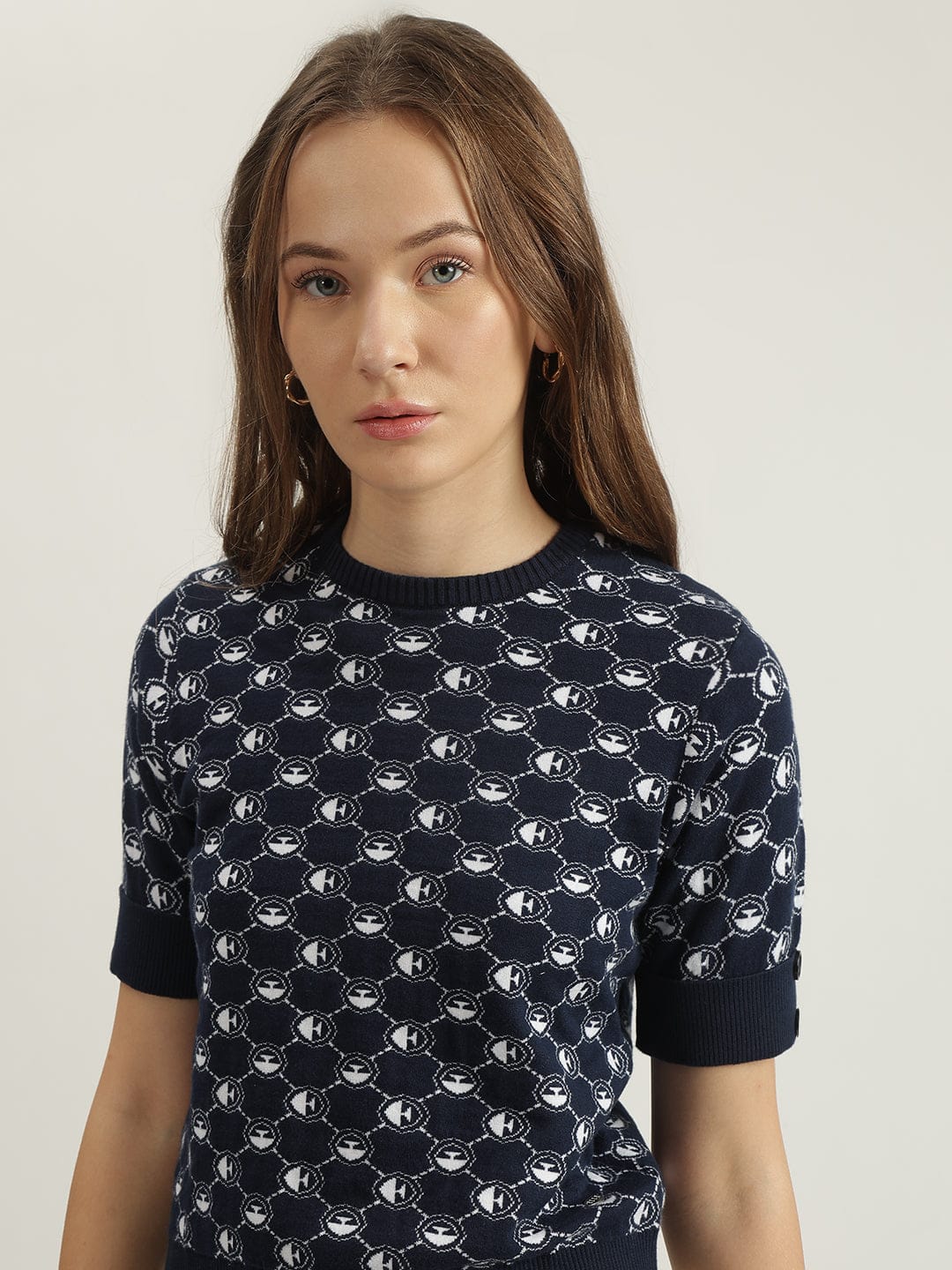 Elle Women Blue Printed Crew Neck Tshirt