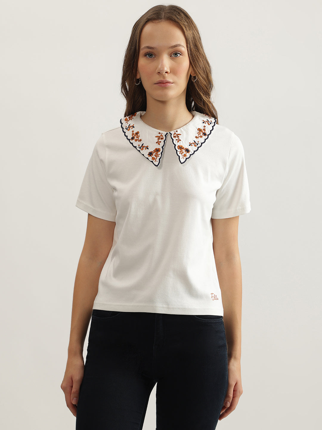 Elle Women Off White Solid Peter Pan Collar Short Sleeves Tshirt