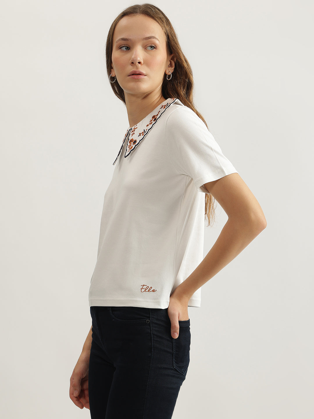 Elle Women Off White Solid Peter Pan Collar Short Sleeves Tshirt