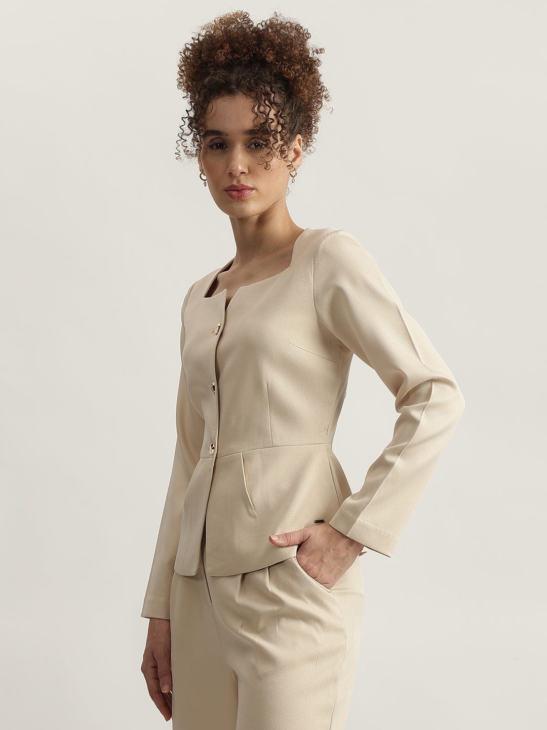 Elle Women Beige Solid Square Neck Top