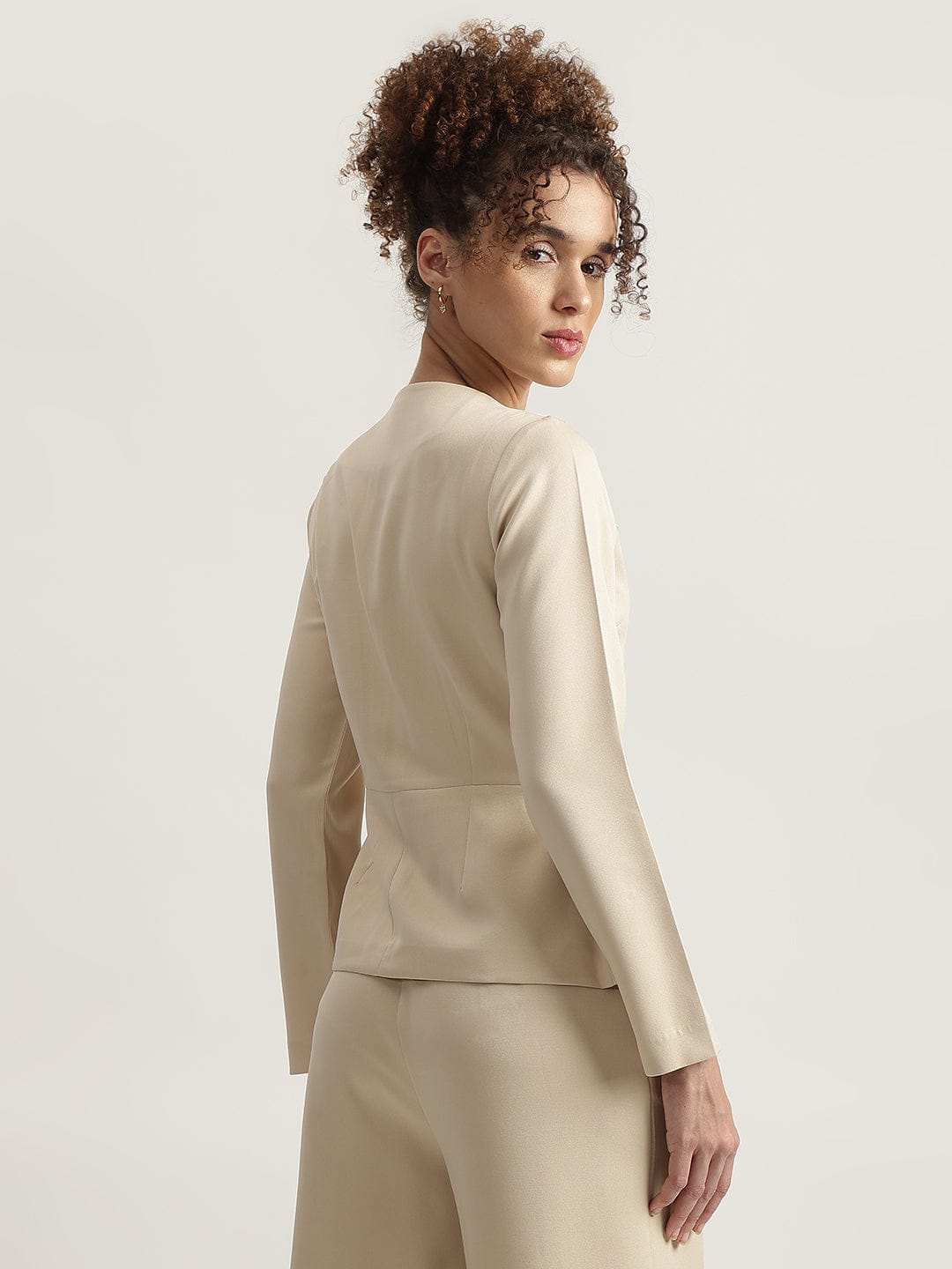 Elle Women Beige Solid Square Neck Top
