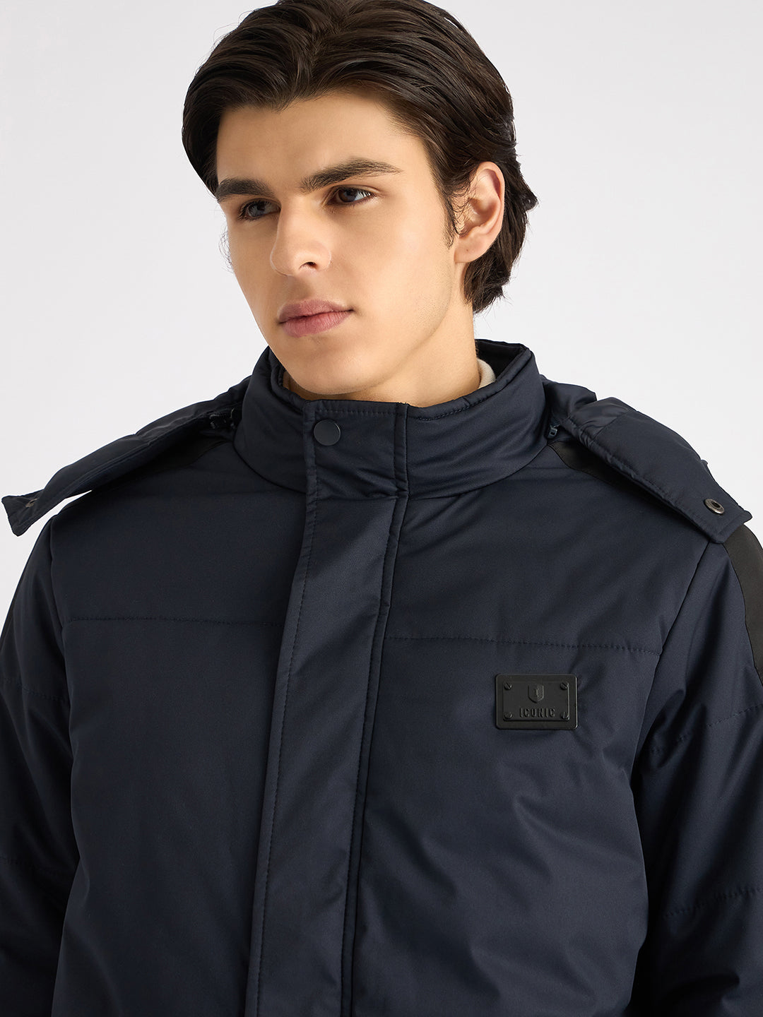 Iconic Men Blue Solid Stand Collar Full Sleeves Puffer Jacket