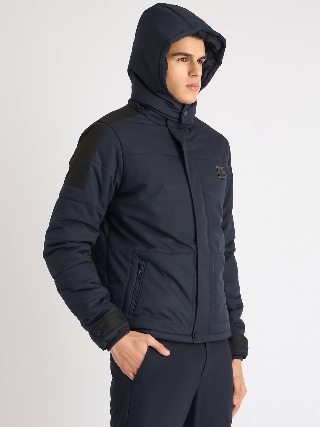 Iconic Men Blue Solid Stand Collar Full Sleeves Puffer Jacket