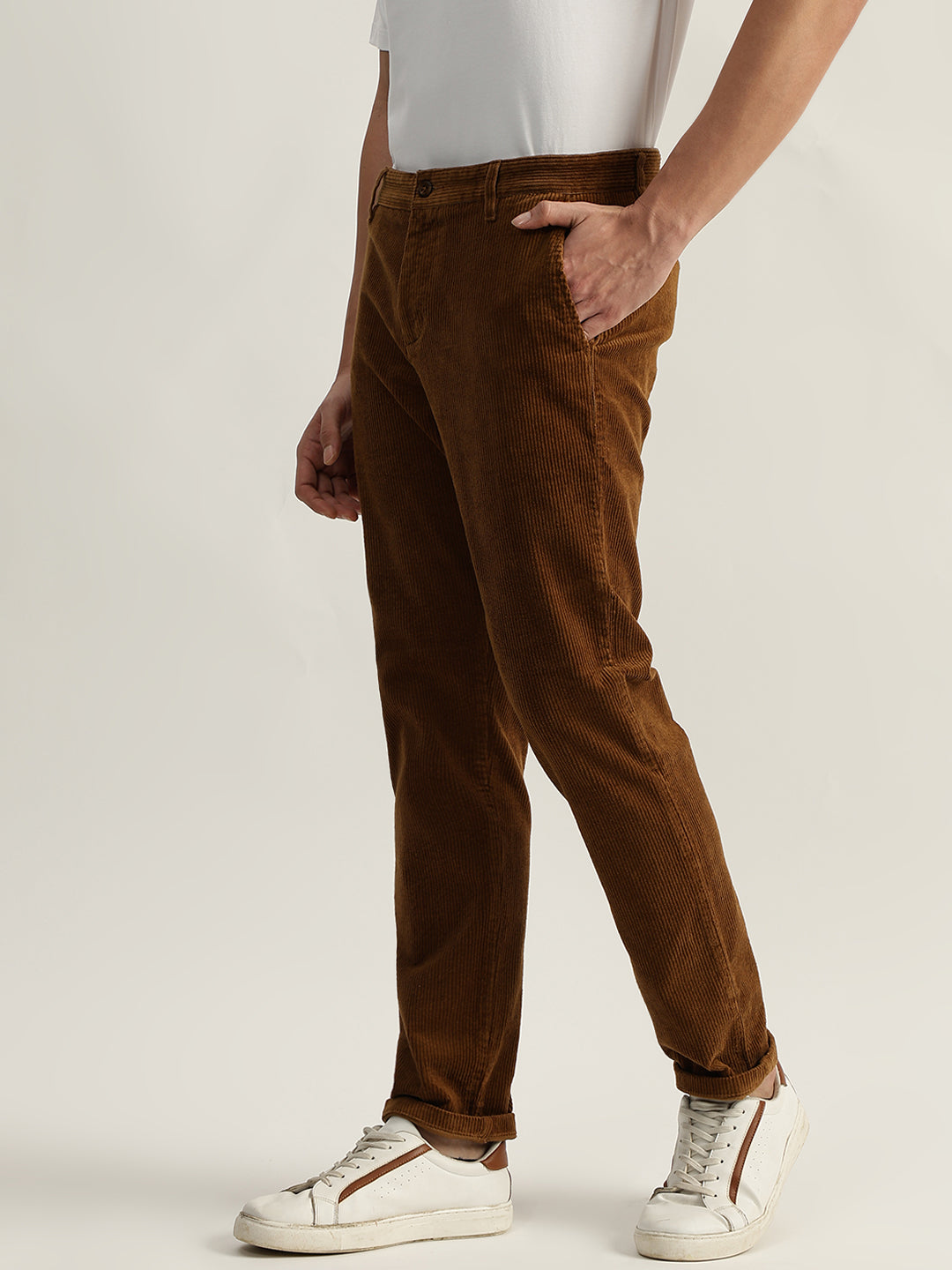 Shop Iconic Men Brown Solid Regular Fit Corduroy Flat-Front
