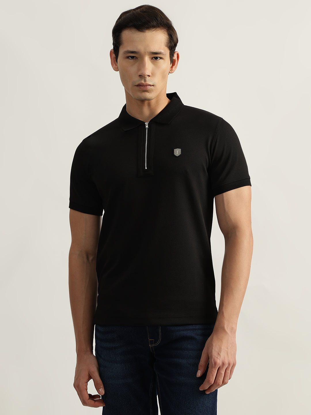 Iconic Men Black Solid Polo Collar Short Sleeves Tshirt