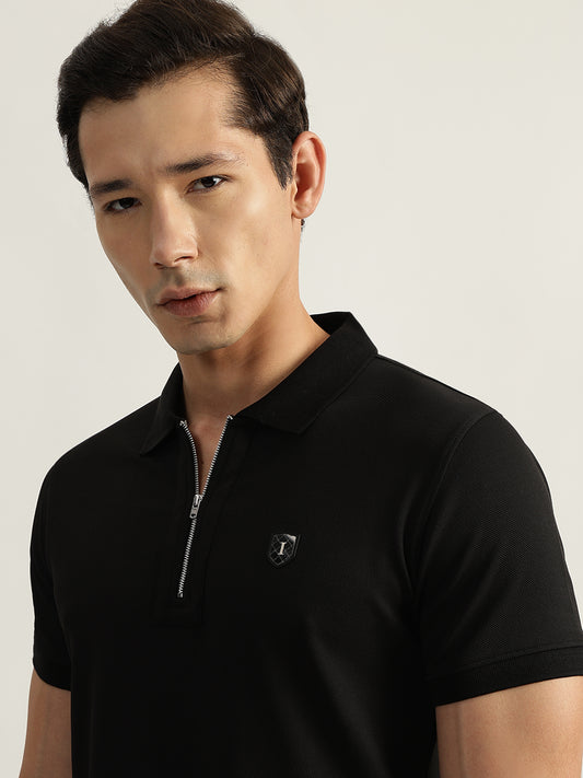 Iconic Men Black Solid Polo Collar Short Sleeves Tshirt