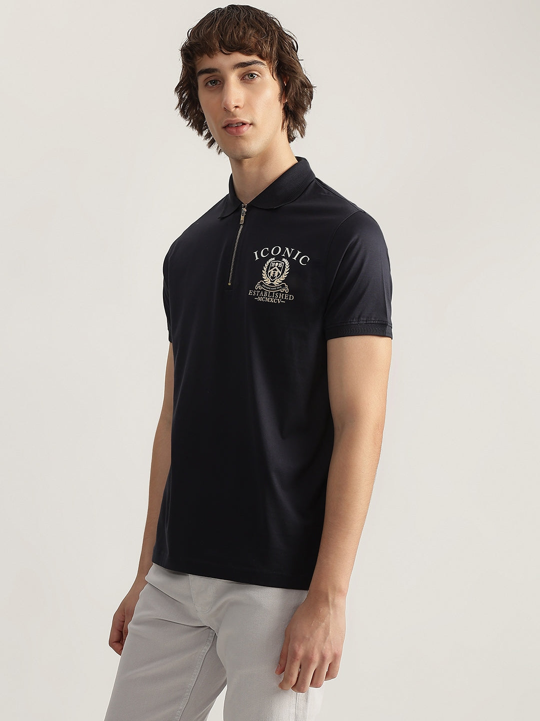 Iconic Men Navy Blue Solid Polo Neck Short Sleeves Tshirt