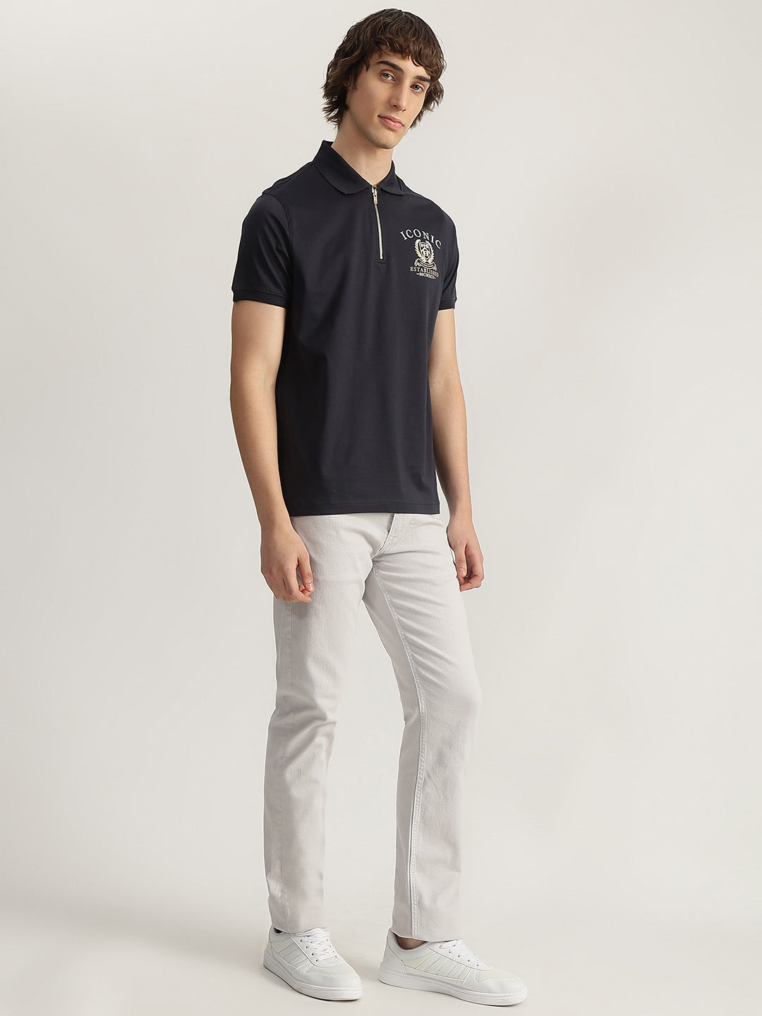 Iconic Men Navy Blue Solid Polo Neck Short Sleeves Tshirt