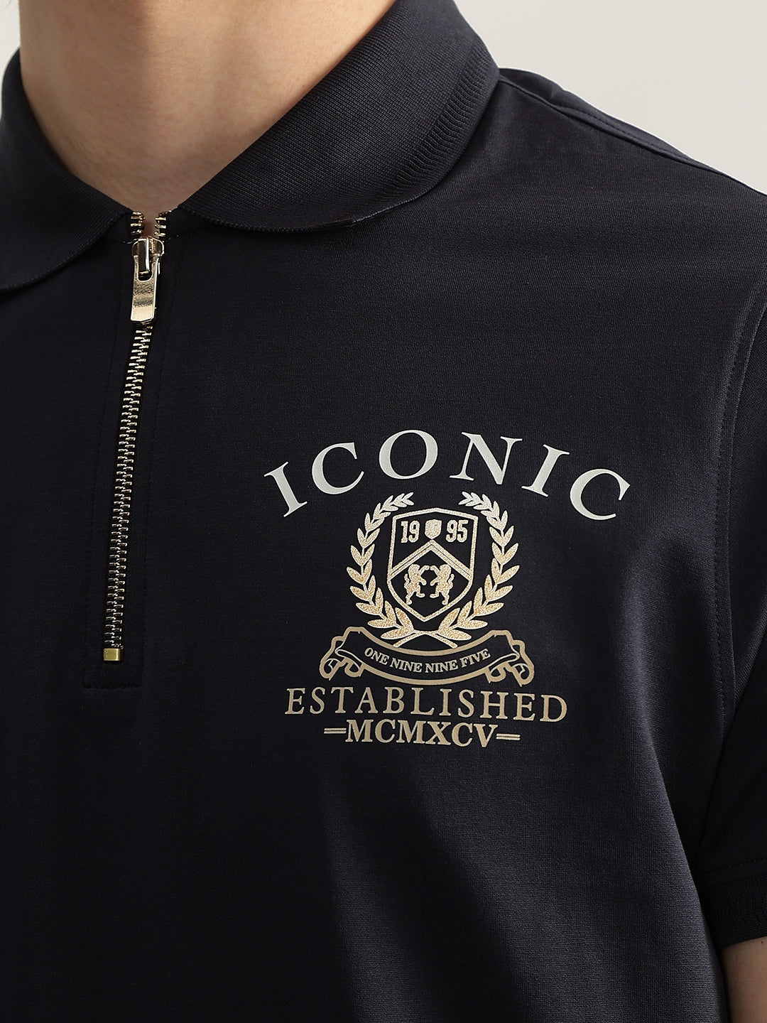 Iconic Men Navy Blue Solid Polo Neck Short Sleeves Tshirt