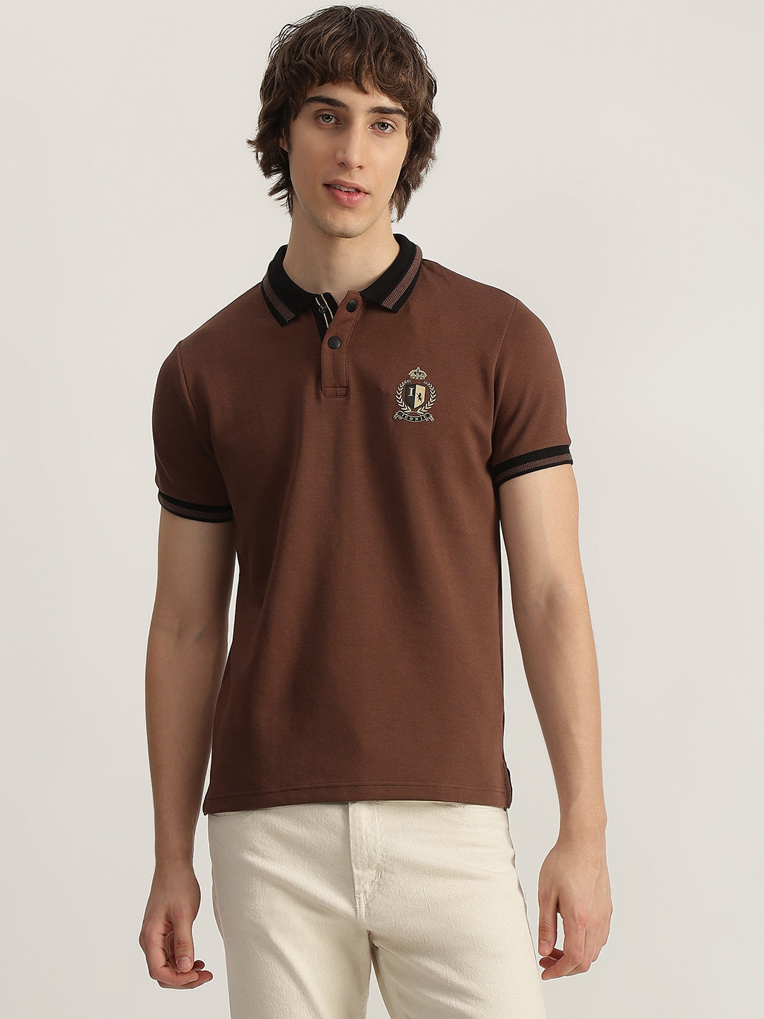 Iconic Men Brown Solid Polo Neck Short Sleeves Tshirt
