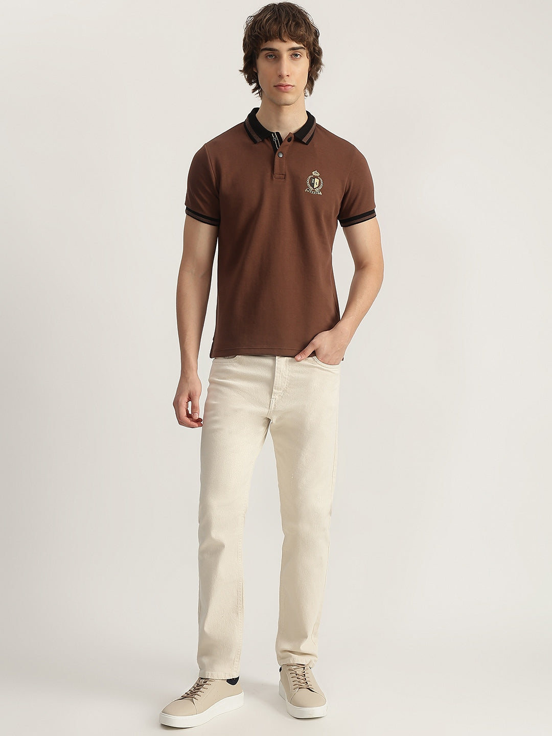 Iconic Men Brown Solid Polo Neck Short Sleeves Tshirt