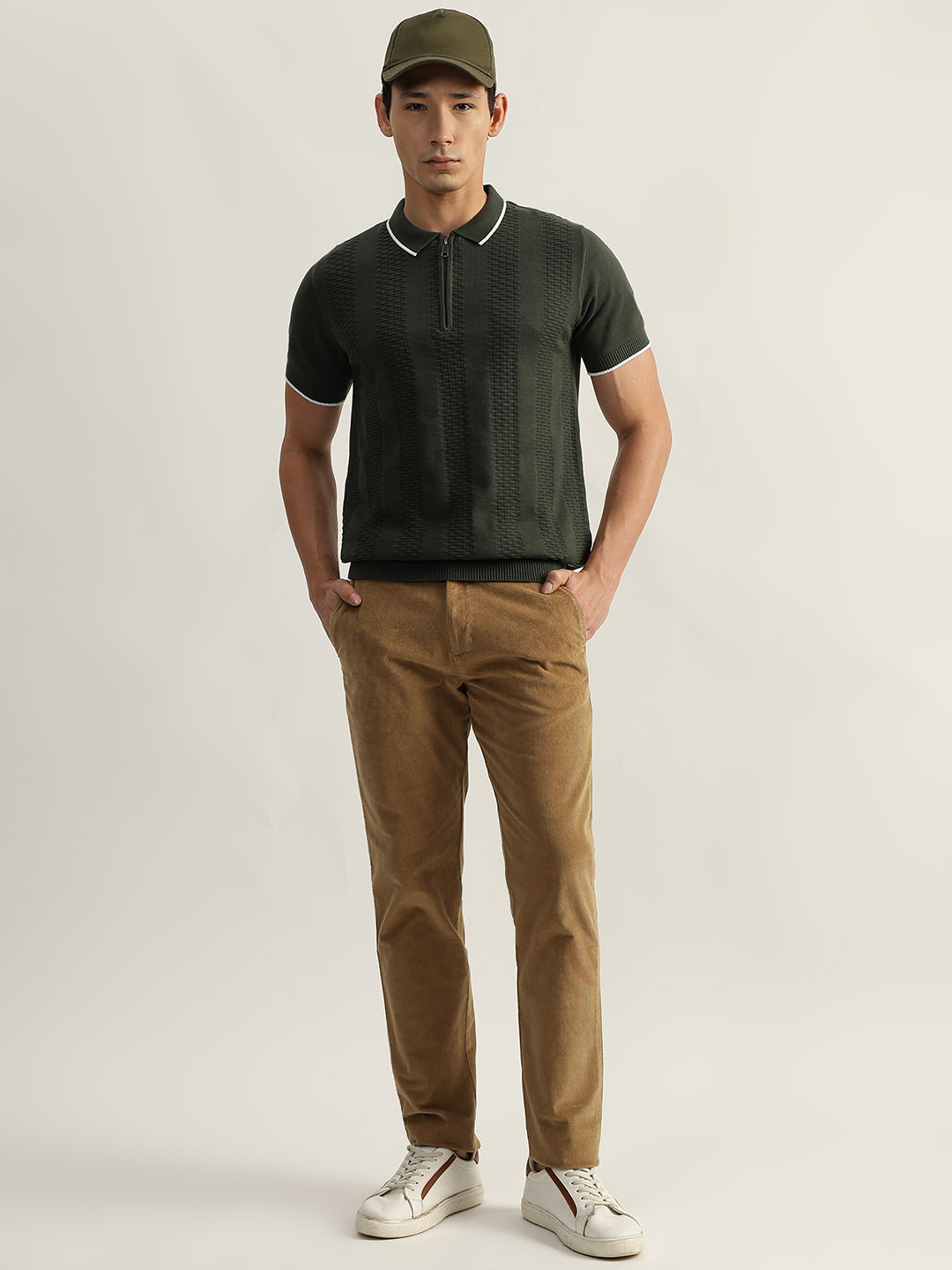 Iconic Men Olive Solid Polo Collar Short Sleeves Tshirt
