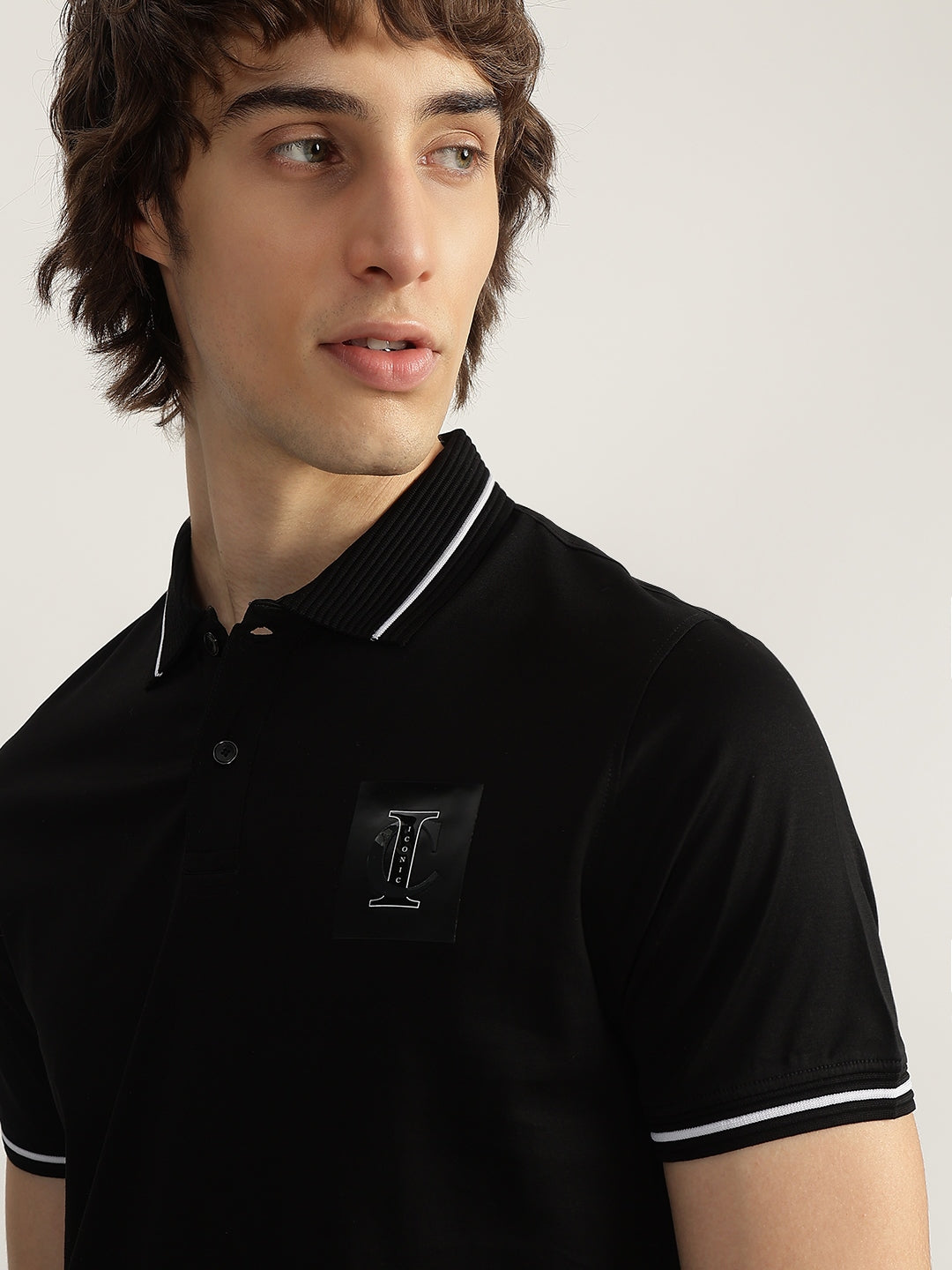 Iconic Men Black Solid Polo Neck Short Sleeves Tshirt