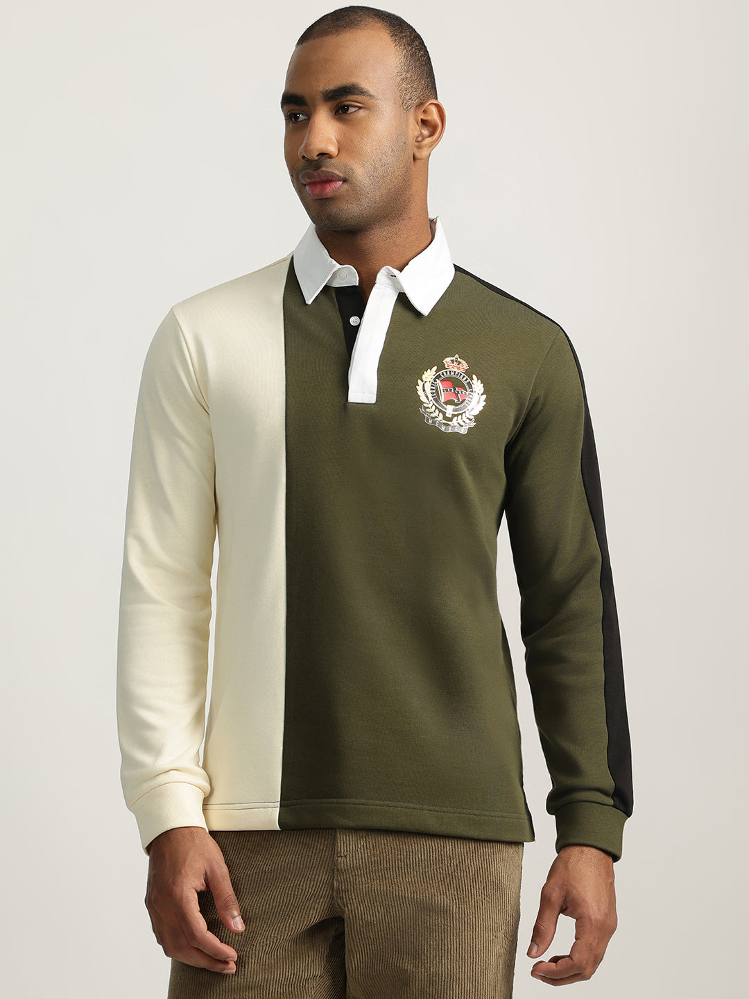 Iconic Men Green Color-Blocked Collared Full Sleeves Polo Tshirt