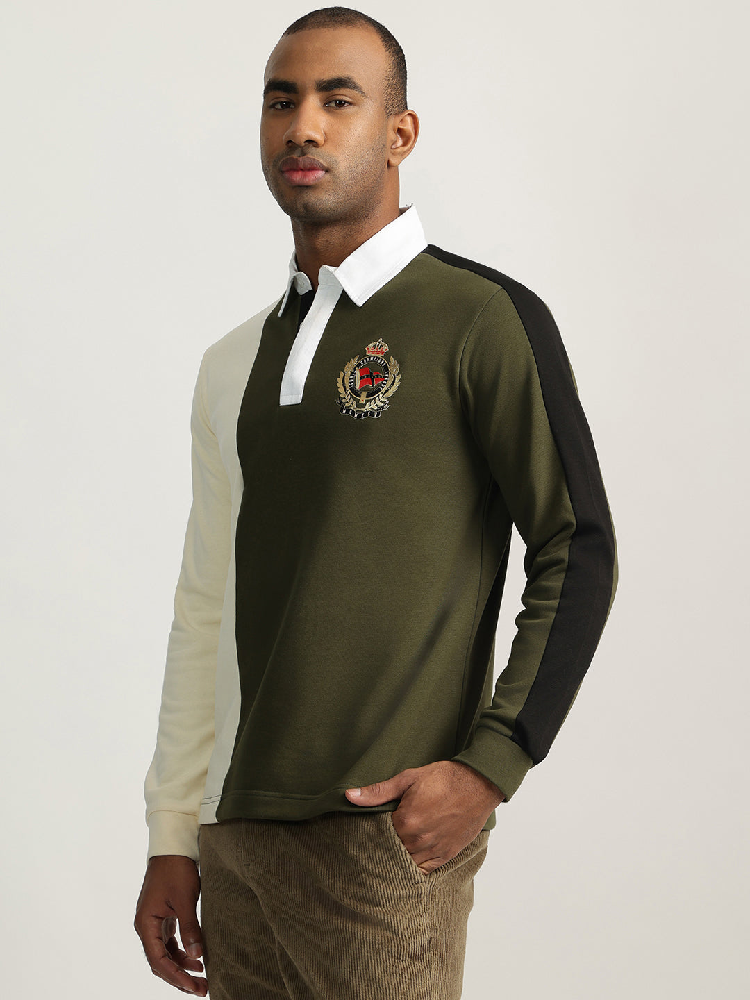 Iconic Men Green Color-Blocked Collared Full Sleeves Polo Tshirt