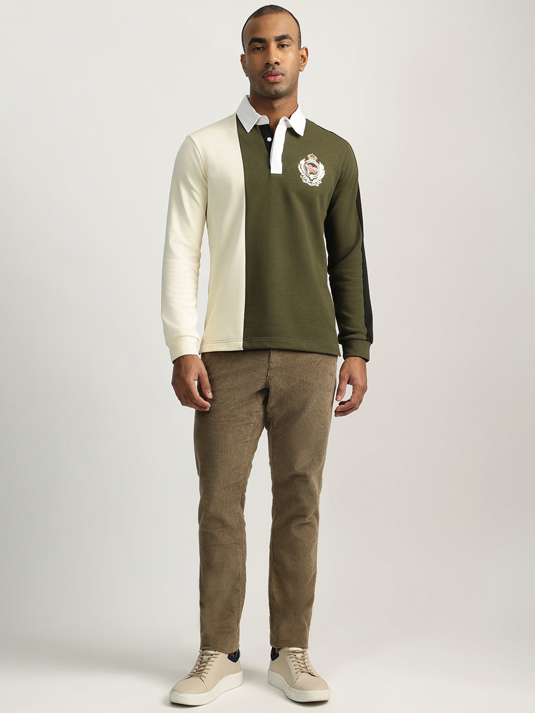 Iconic Men Green Color-Blocked Collared Full Sleeves Polo Tshirt