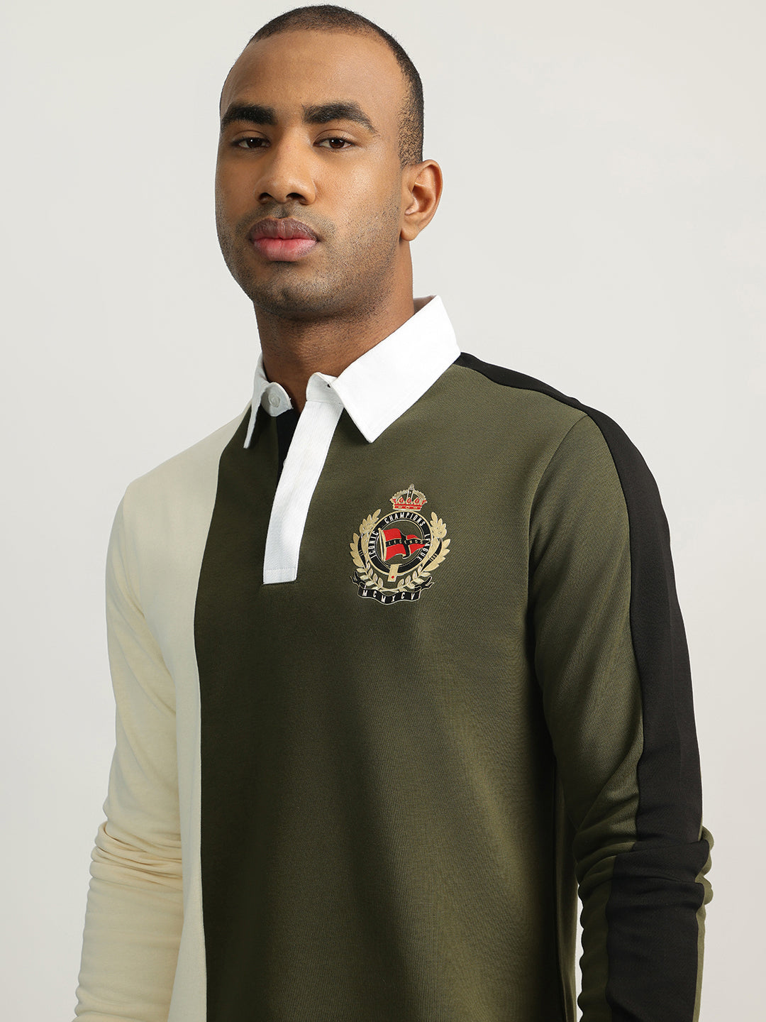 Iconic Men Green Color-Blocked Collared Full Sleeves Polo Tshirt