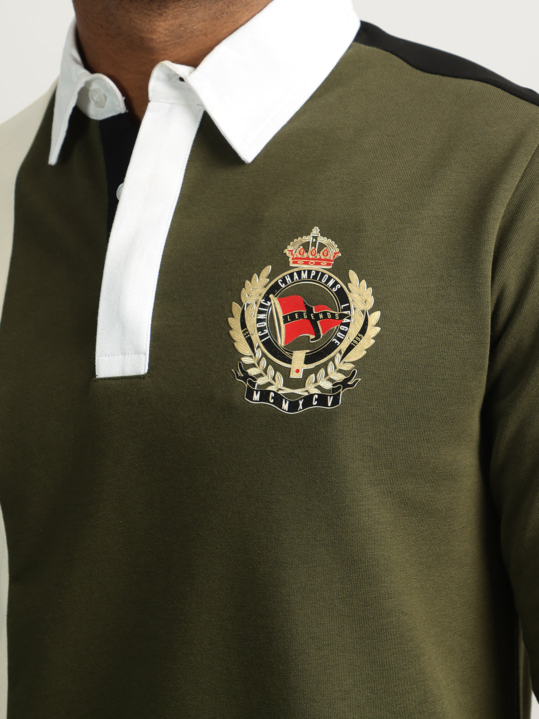 Iconic Men Green Color-Blocked Collared Full Sleeves Polo Tshirt