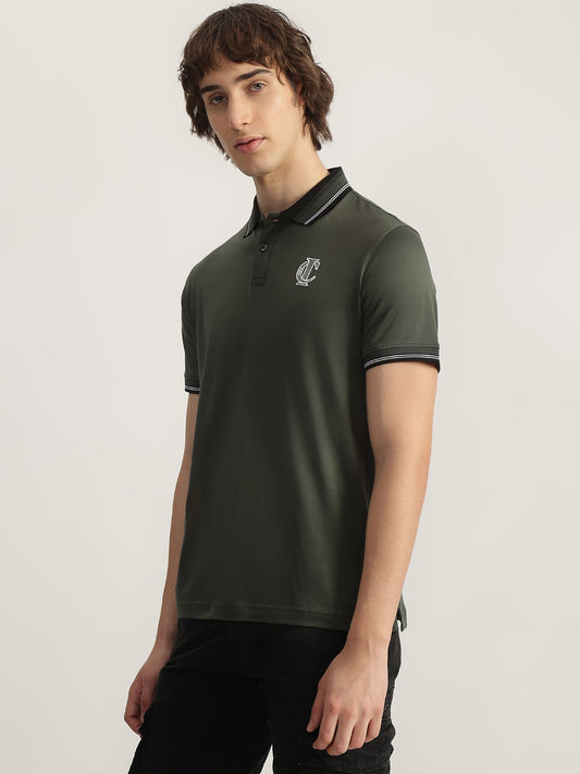 Iconic Men Olive Solid Polo Neck Short Sleeves Tshirt