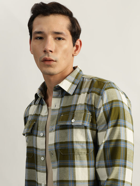 Iconic Men Green Checks Shirt Collar Shirt