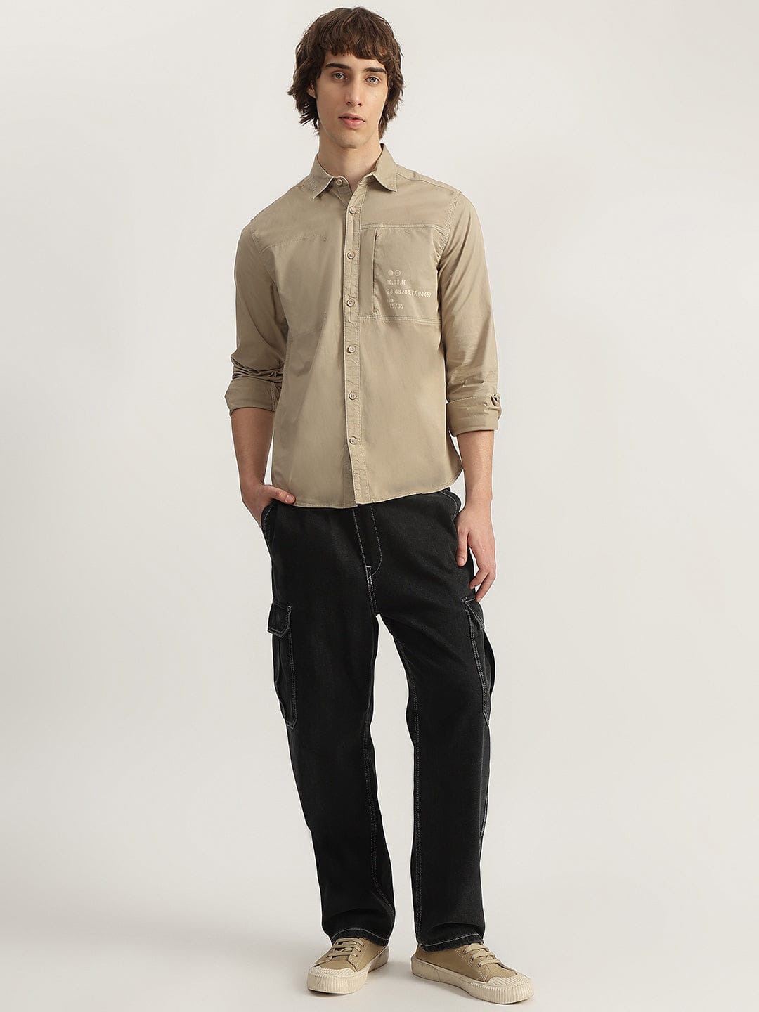 Iconic Men Beige Solid Shirt Collar Shirt