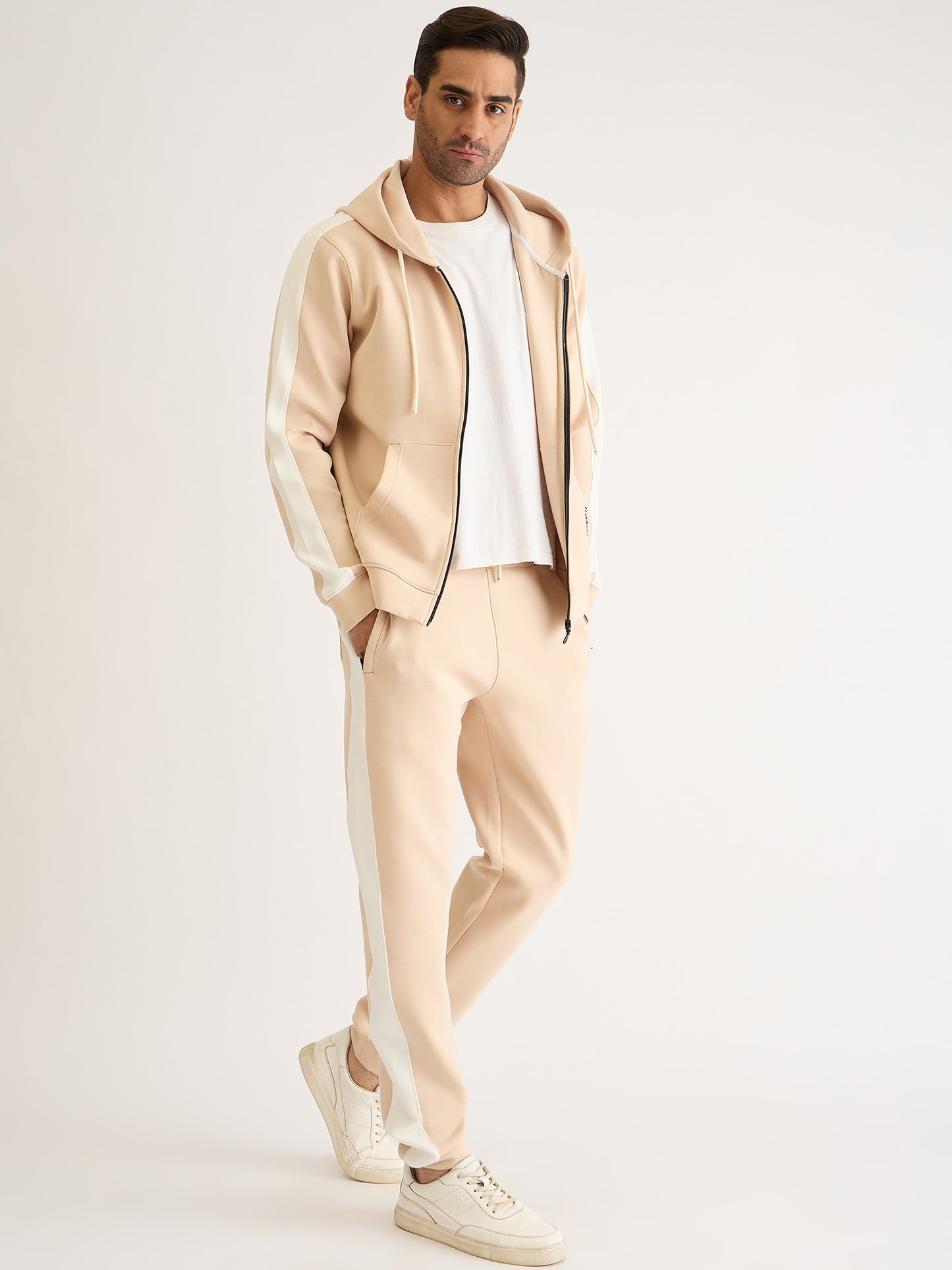 Iconic Men Beige Color-Blocked Hooded Full Sleeves Zip Through Sweatshirt