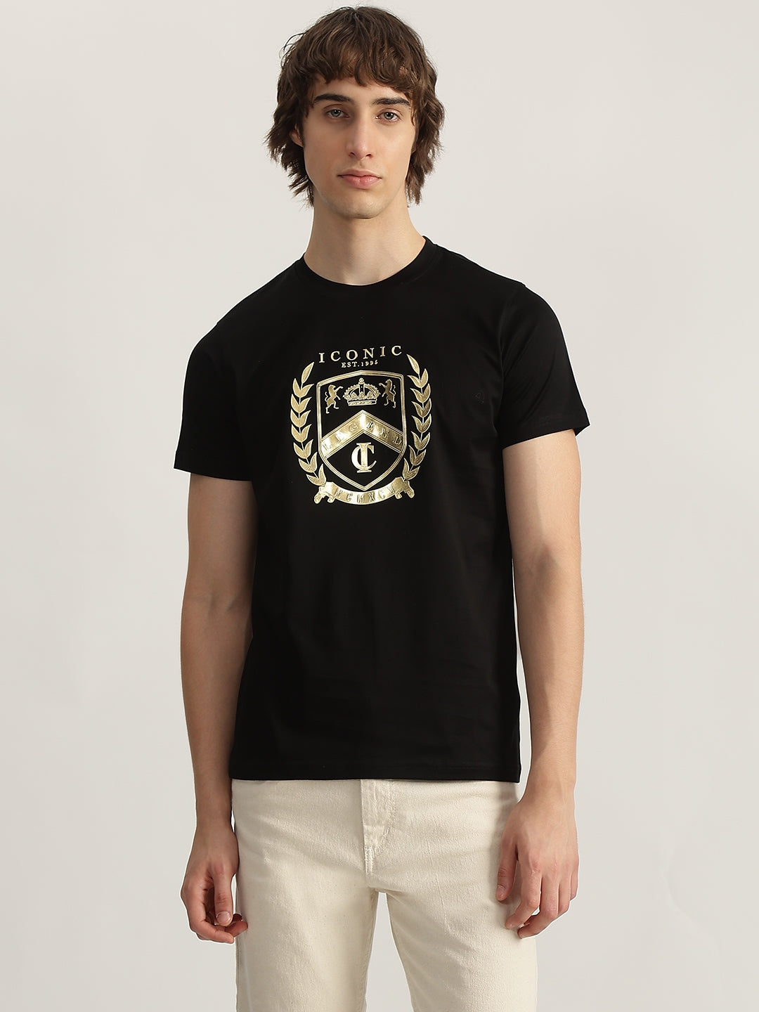 Iconic Men Black Printed Round Neck Short Sleeves Tshirt
