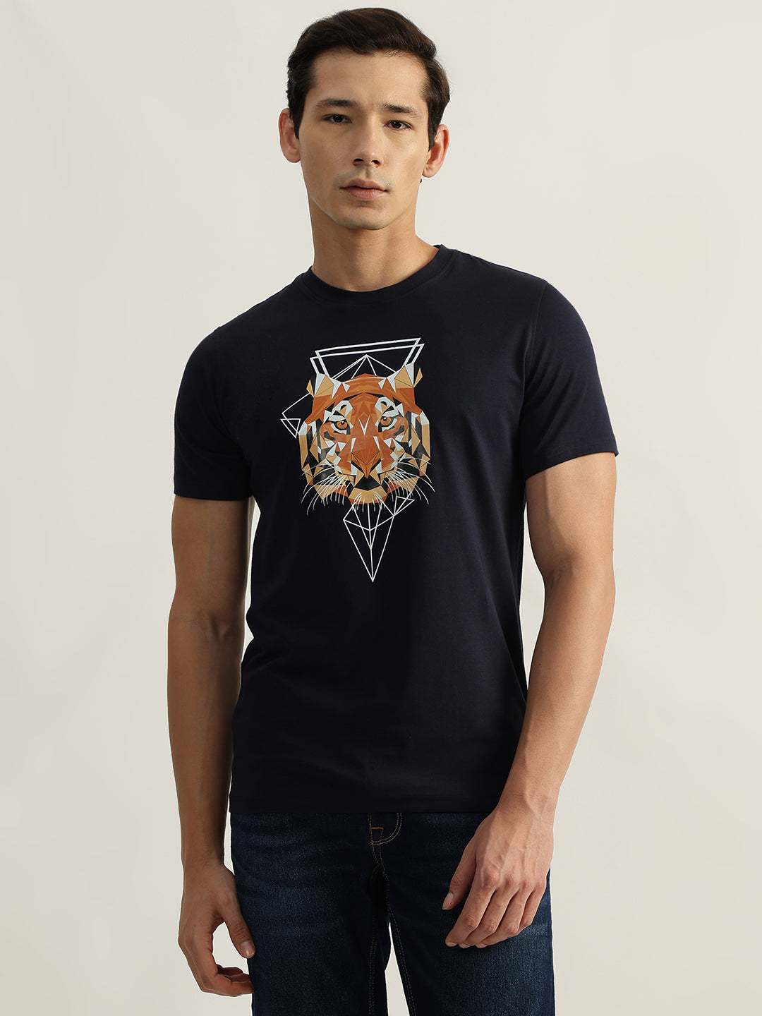 Iconic Men Navy Printed Round Neck Short Sleeves Tshirt