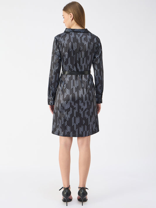 Iconic Women Black Shirt Collar Full Sleeves Dress