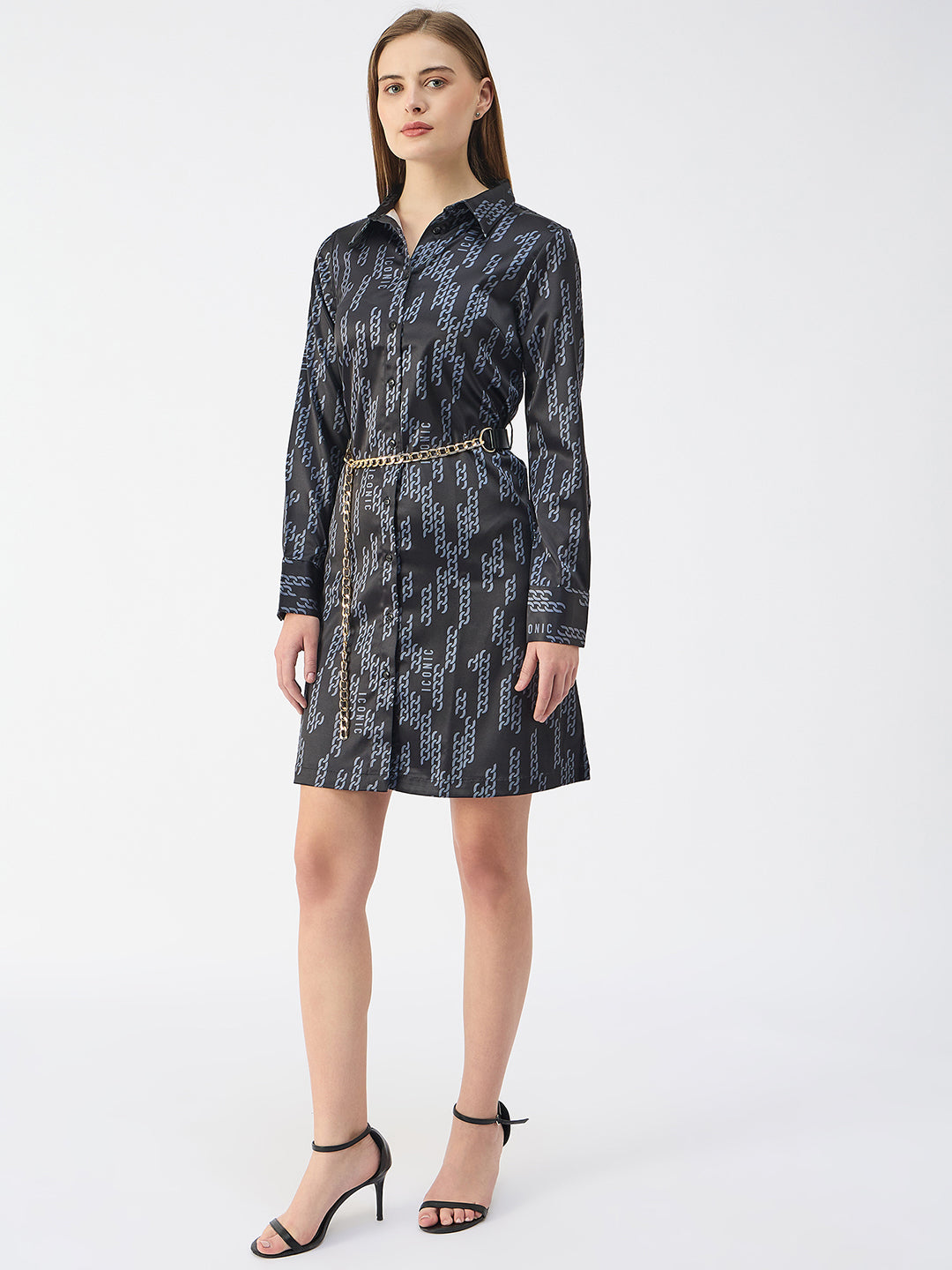 Iconic Women Black Shirt Collar Full Sleeves Dress