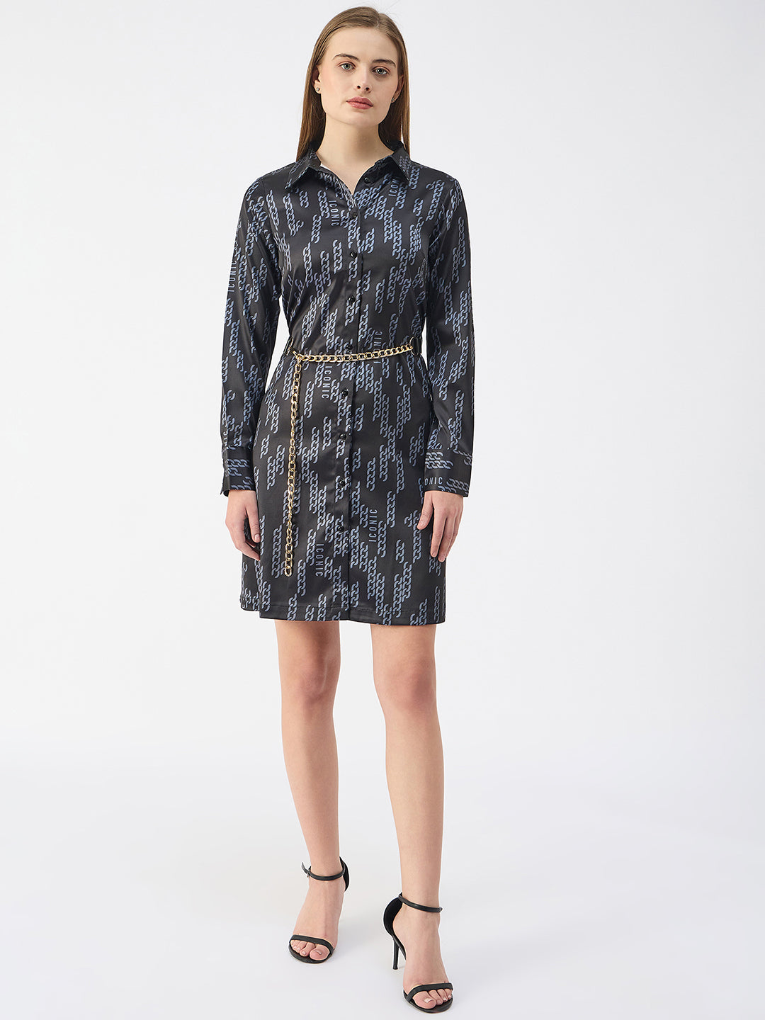 Iconic Women Black Shirt Collar Full Sleeves Dress