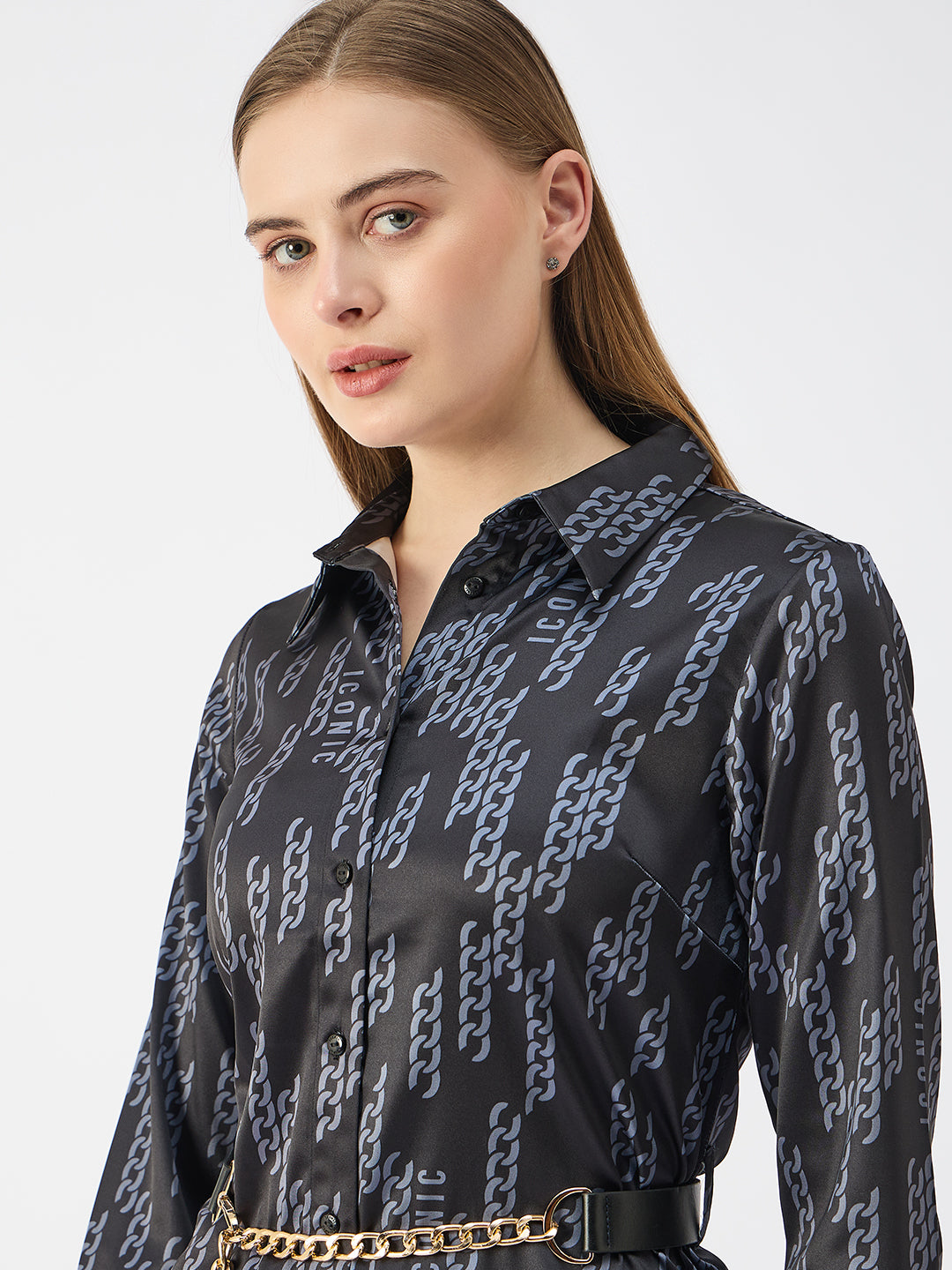 Iconic Women Black Shirt Collar Full Sleeves Dress