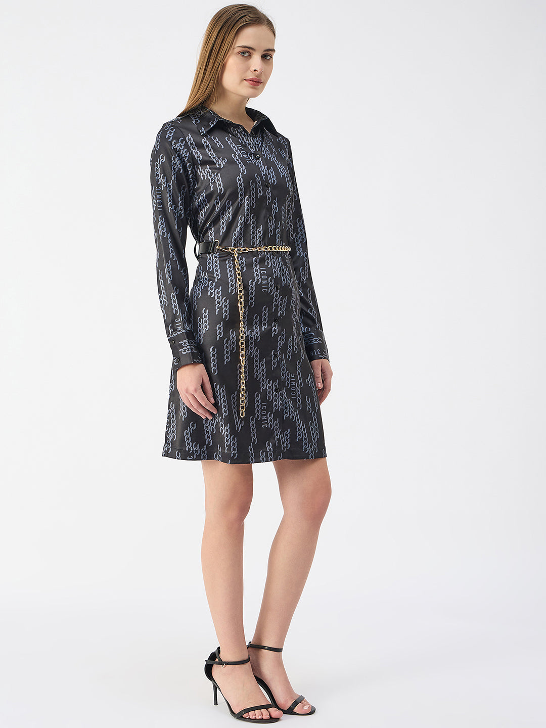 Iconic Women Black Shirt Collar Full Sleeves Dress