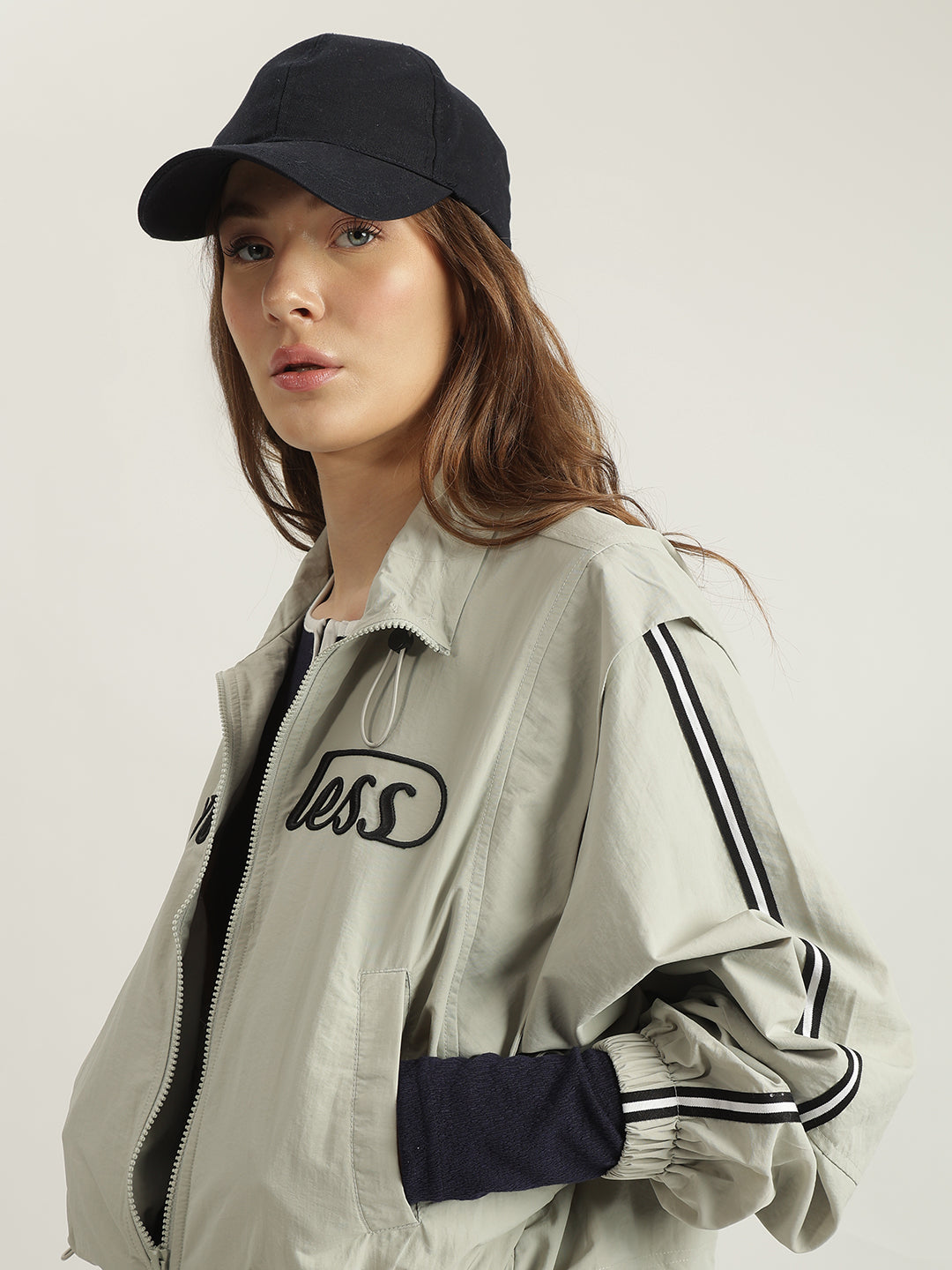 Iconic Women Grey Solid Stand Collar Full Sleeves Bomber Jacket