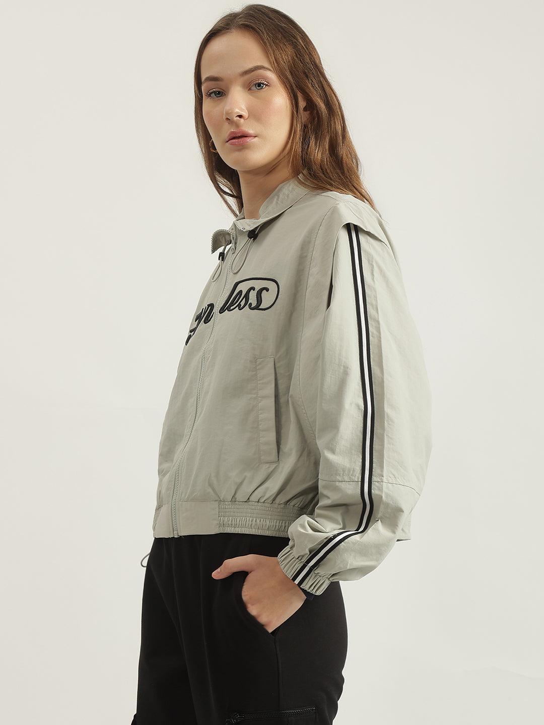 Iconic Women Grey Solid Stand Collar Full Sleeves Bomber Jacket