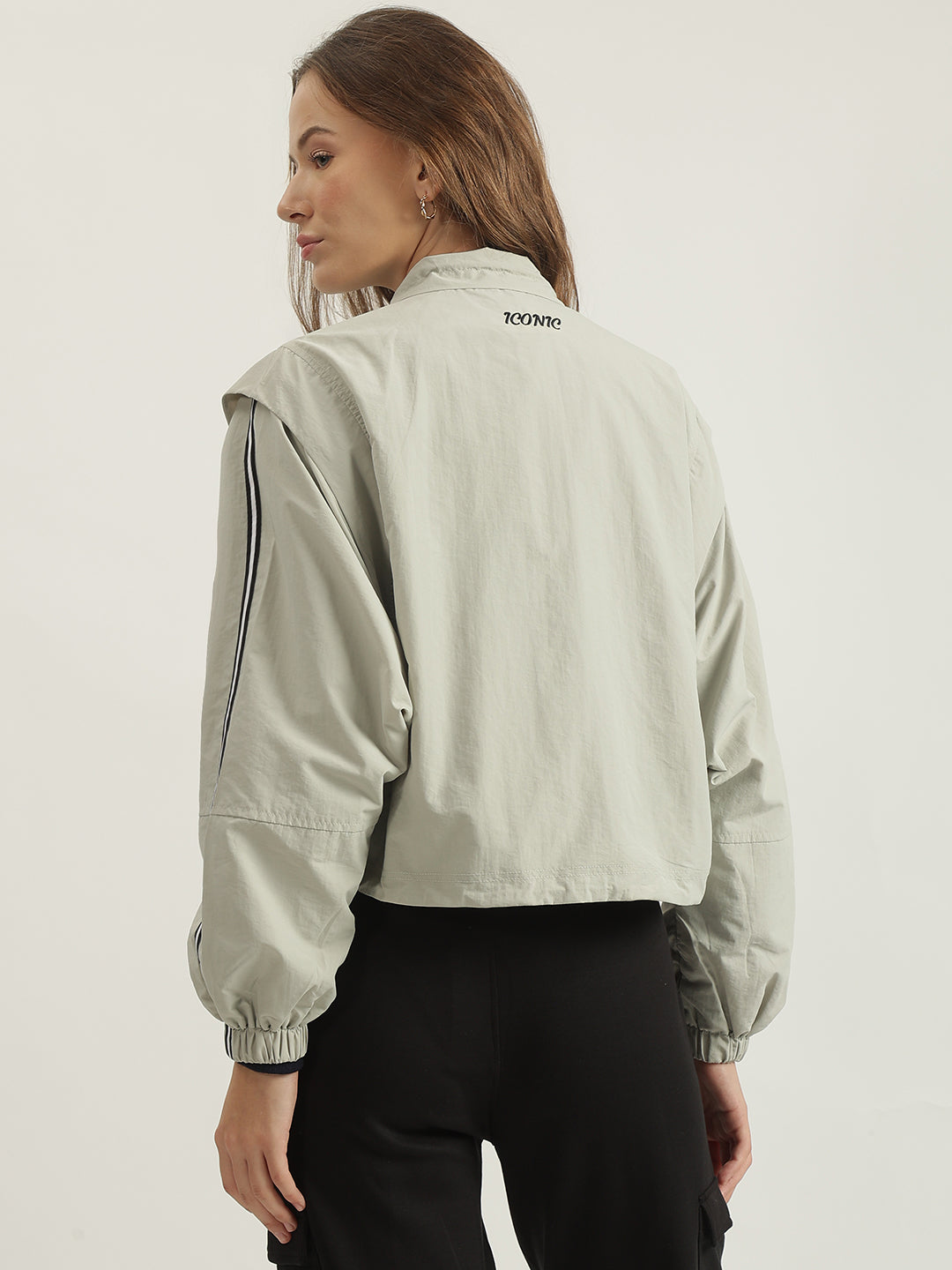 Iconic Women Grey Solid Stand Collar Full Sleeves Bomber Jacket